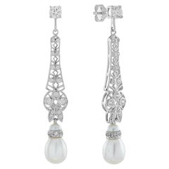 Pearl and Diamond Vintage Style Drop Earrings in 14K White Gold