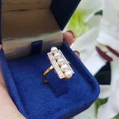 Pearl and Diamond Vintage Style Five Stone Ring in 9K Yellow Gold