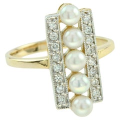 Pearl and Diamond Vintage Style Five Stone Ring in 9K Yellow Gold