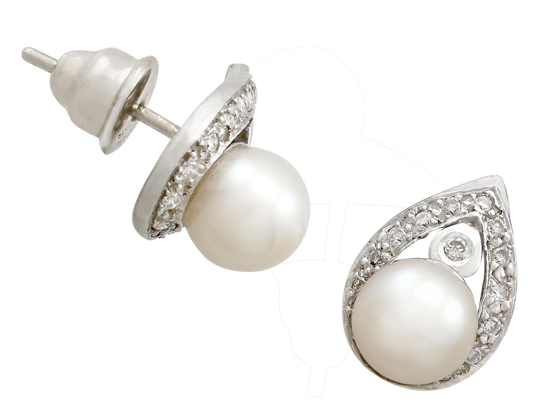 Round Cut Pearl and Diamond White Gold Stud Earrings