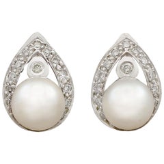 Vintage Pearl and Diamond White Gold Stud Earrings