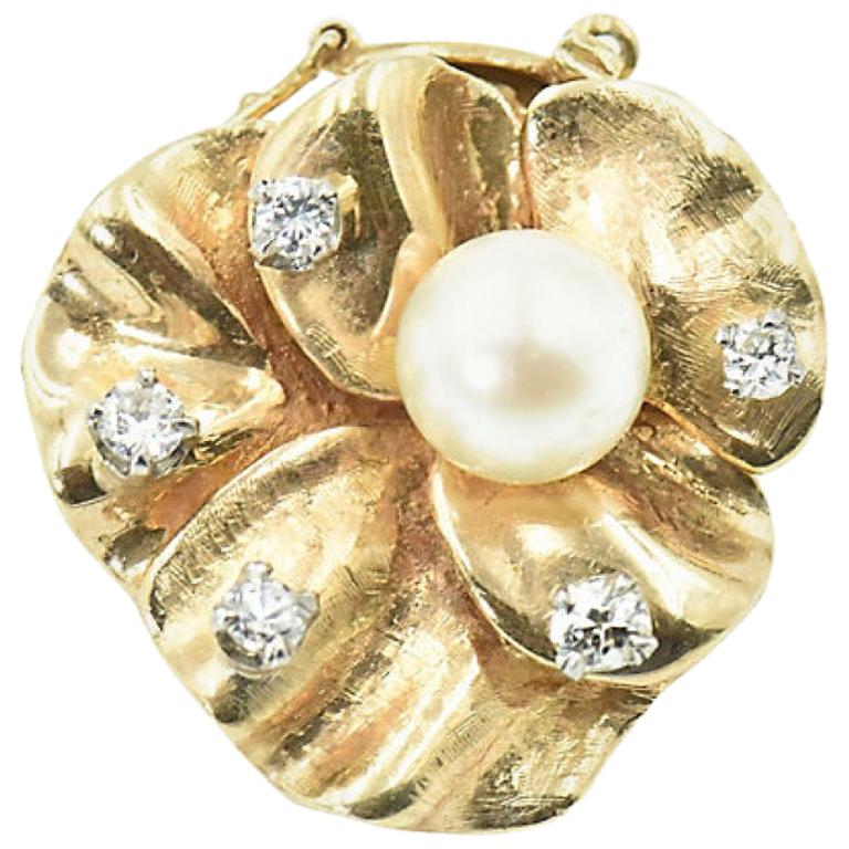 Pearl and Diamond Yellow Gold Flower Brooch Clasp