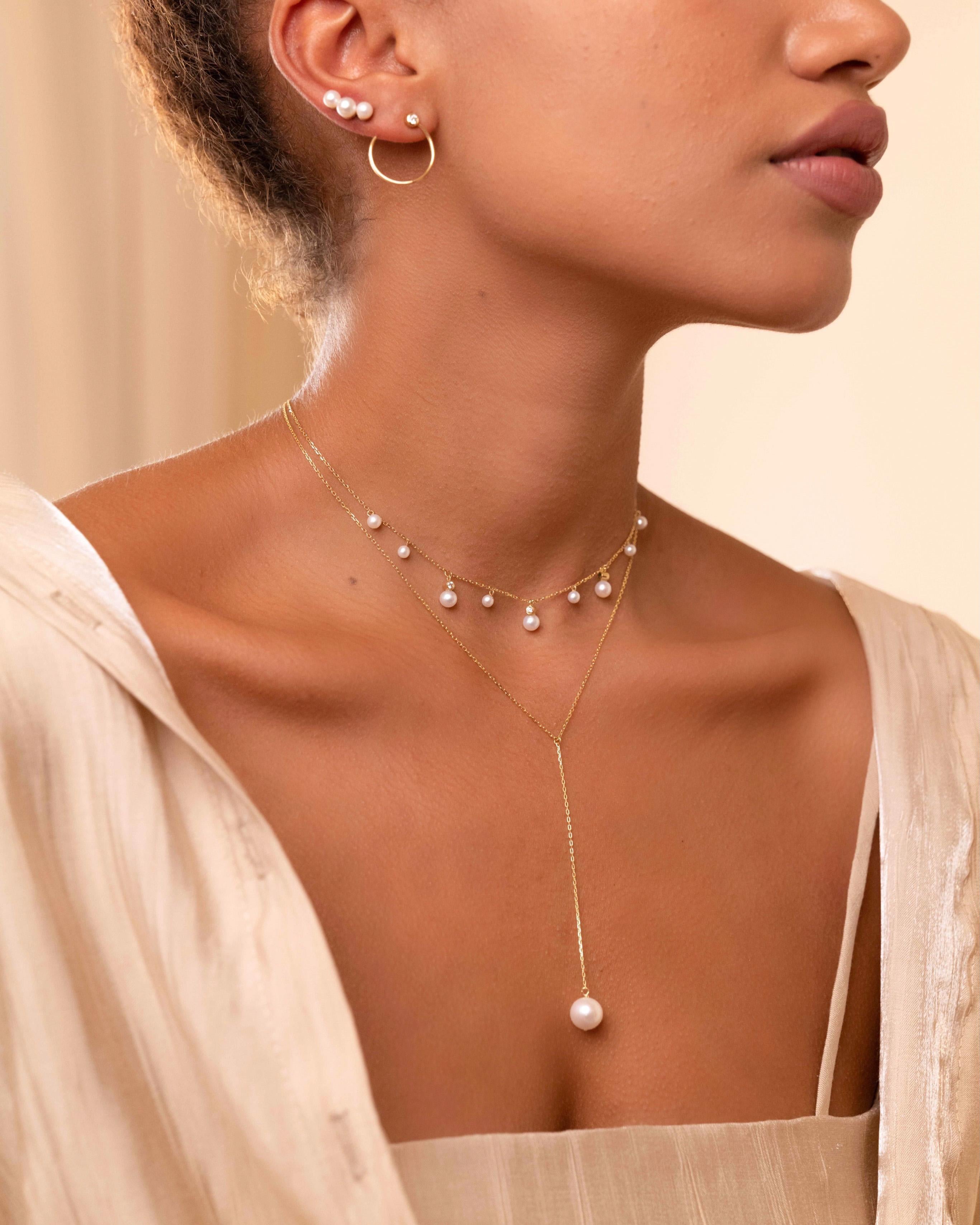 Pearls and Diamonds Chain Choker Necklace, 18k Gold In New Condition For Sale In Nicosia, CY
