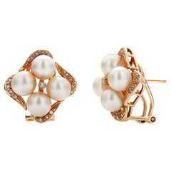 Pearl and Diamonds Yellow Gold Stud Clip on Earrings