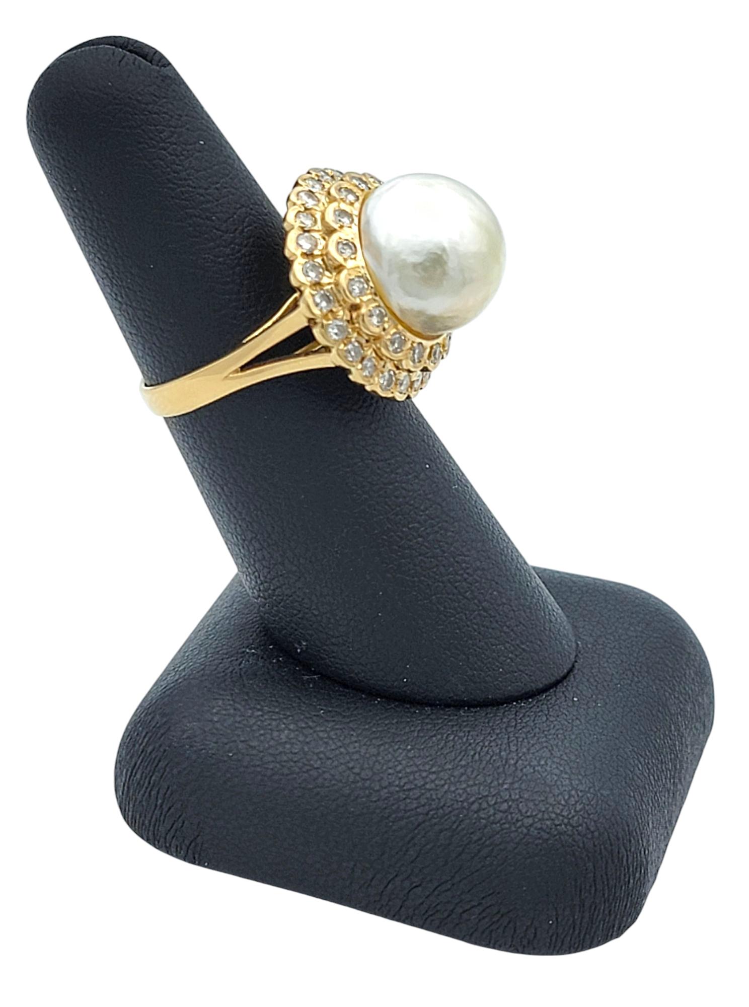 Pearl and Double Diamond Halo High Profile Cocktail Ring in 18 Karat Yellow Gold For Sale 4