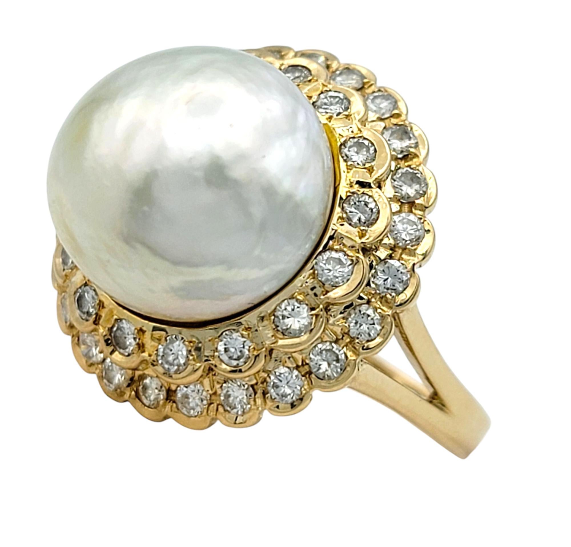 Contemporary Pearl and Double Diamond Halo High Profile Cocktail Ring in 18 Karat Yellow Gold For Sale