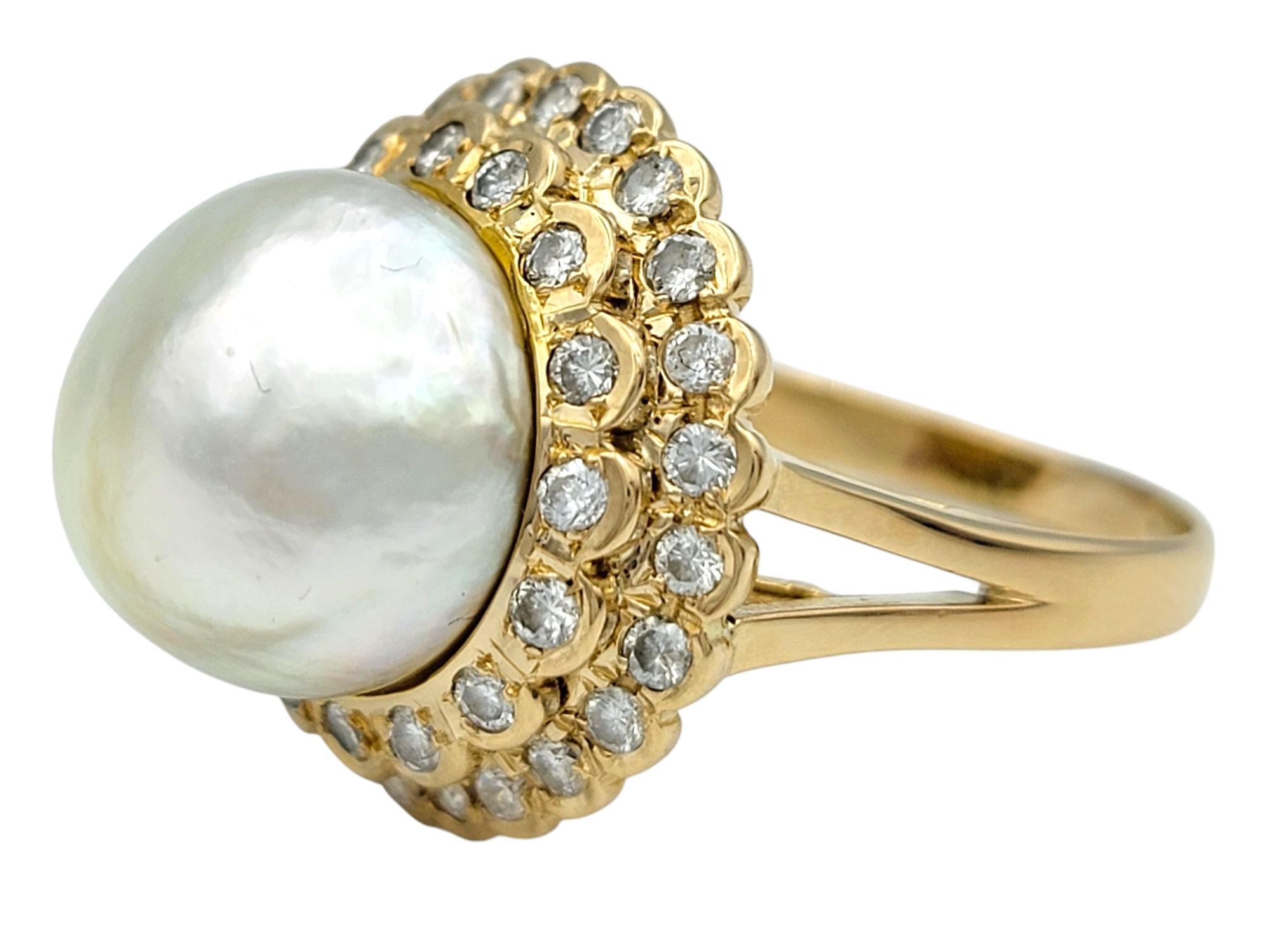 Round Cut Pearl and Double Diamond Halo High Profile Cocktail Ring in 18 Karat Yellow Gold For Sale