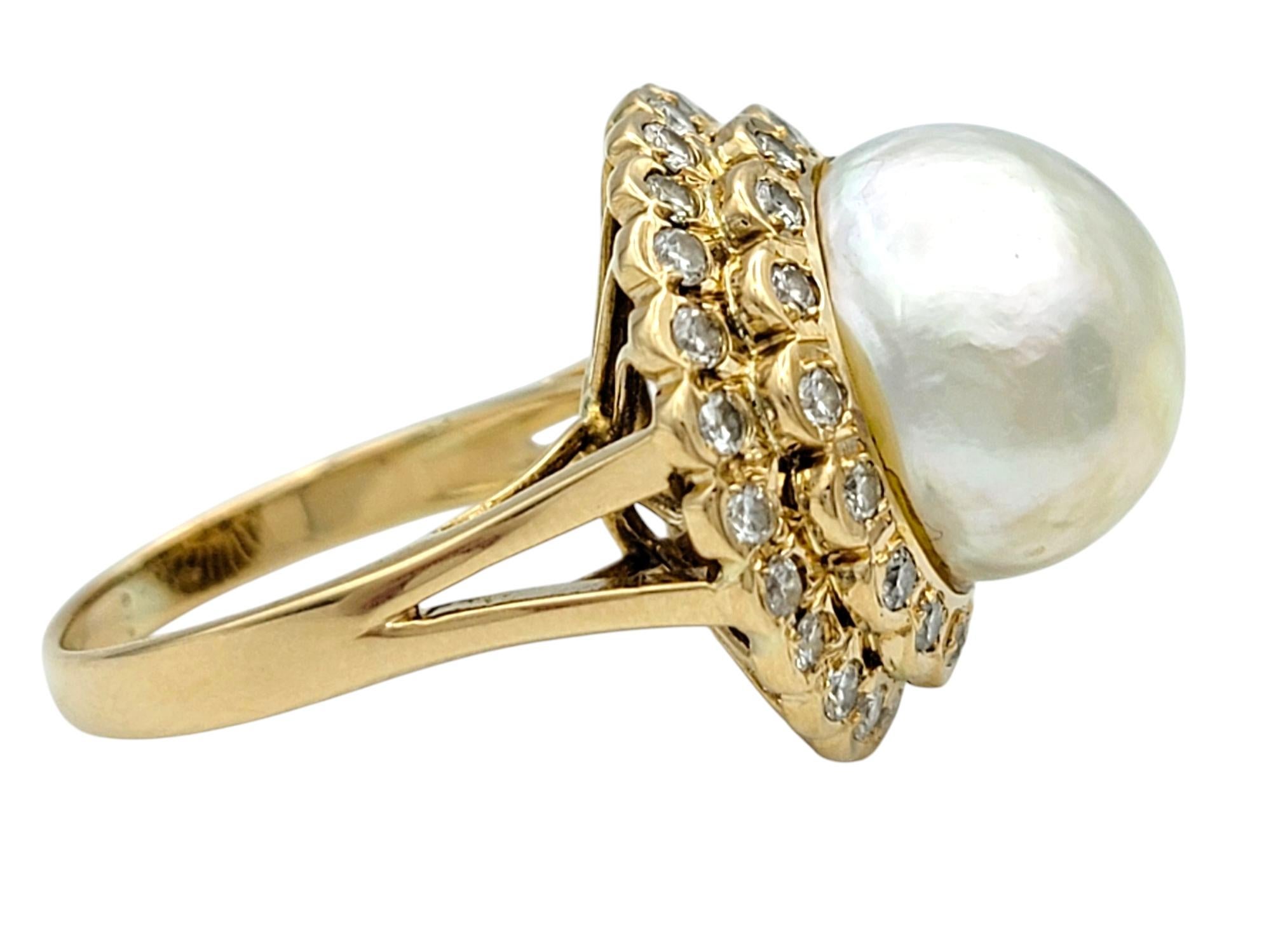 Pearl and Double Diamond Halo High Profile Cocktail Ring in 18 Karat Yellow Gold In Good Condition For Sale In Scottsdale, AZ