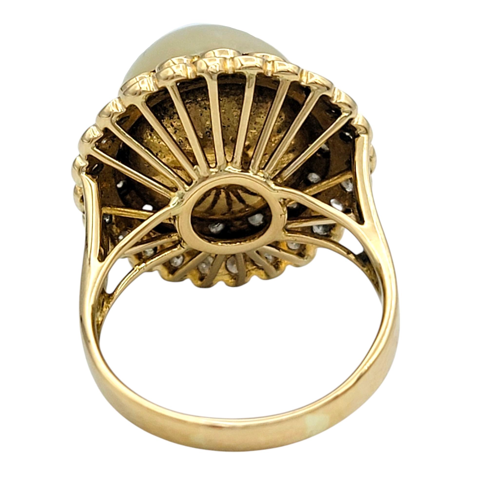 Women's Pearl and Double Diamond Halo High Profile Cocktail Ring in 18 Karat Yellow Gold For Sale