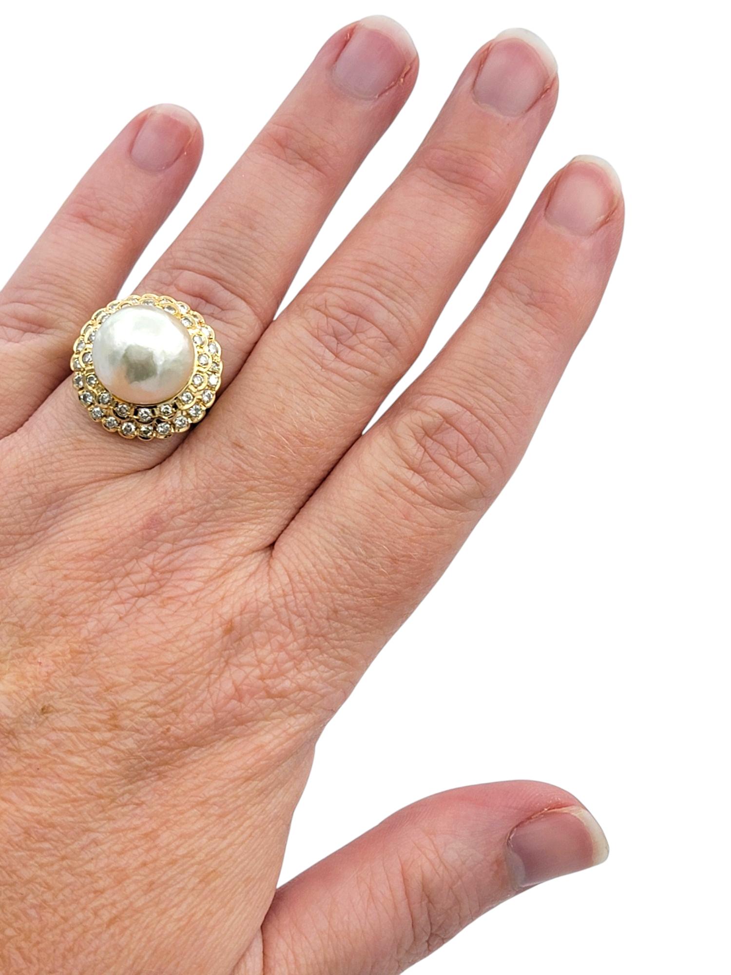 Pearl and Double Diamond Halo High Profile Cocktail Ring in 18 Karat Yellow Gold For Sale 1