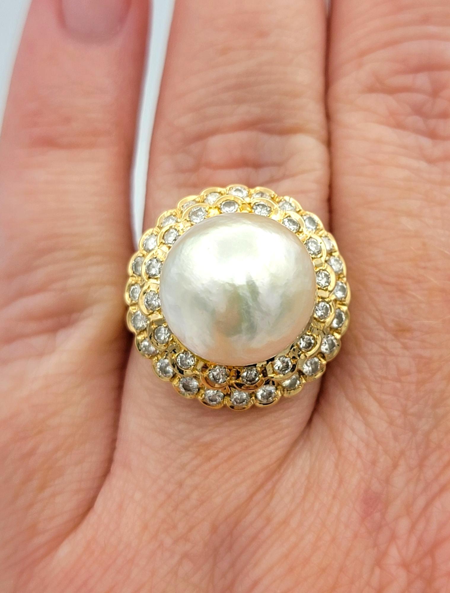 Pearl and Double Diamond Halo High Profile Cocktail Ring in 18 Karat Yellow Gold For Sale 2