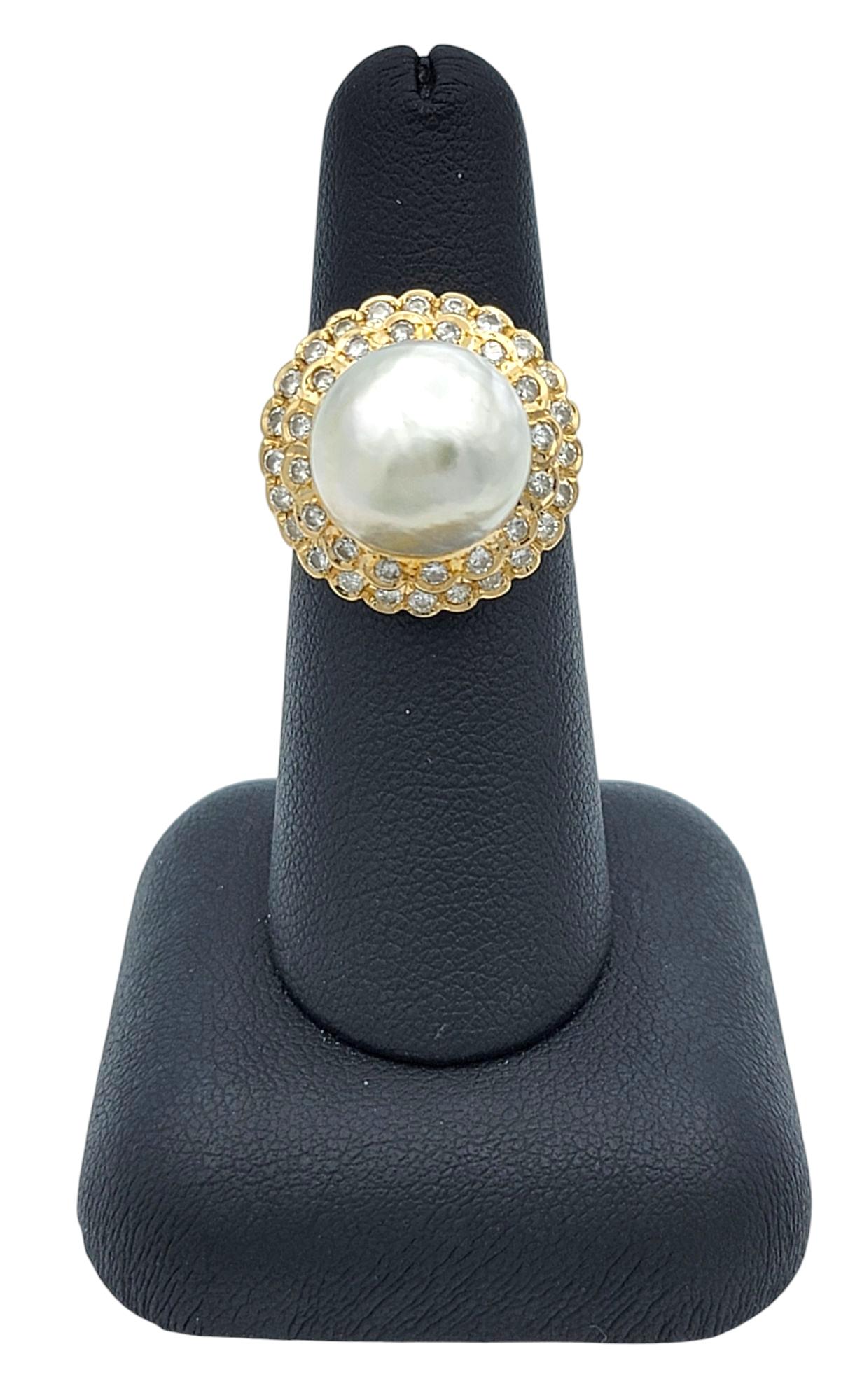 Pearl and Double Diamond Halo High Profile Cocktail Ring in 18 Karat Yellow Gold For Sale 3