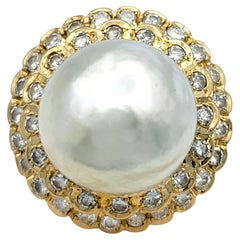 Pearl and Double Diamond Halo High Profile Cocktail Ring in 18 Karat Yellow Gold