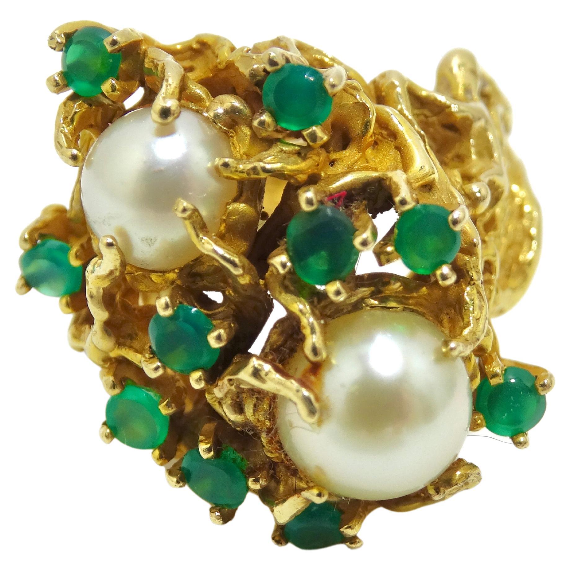 Pearl and Emerald Cocktail Ring For Sale