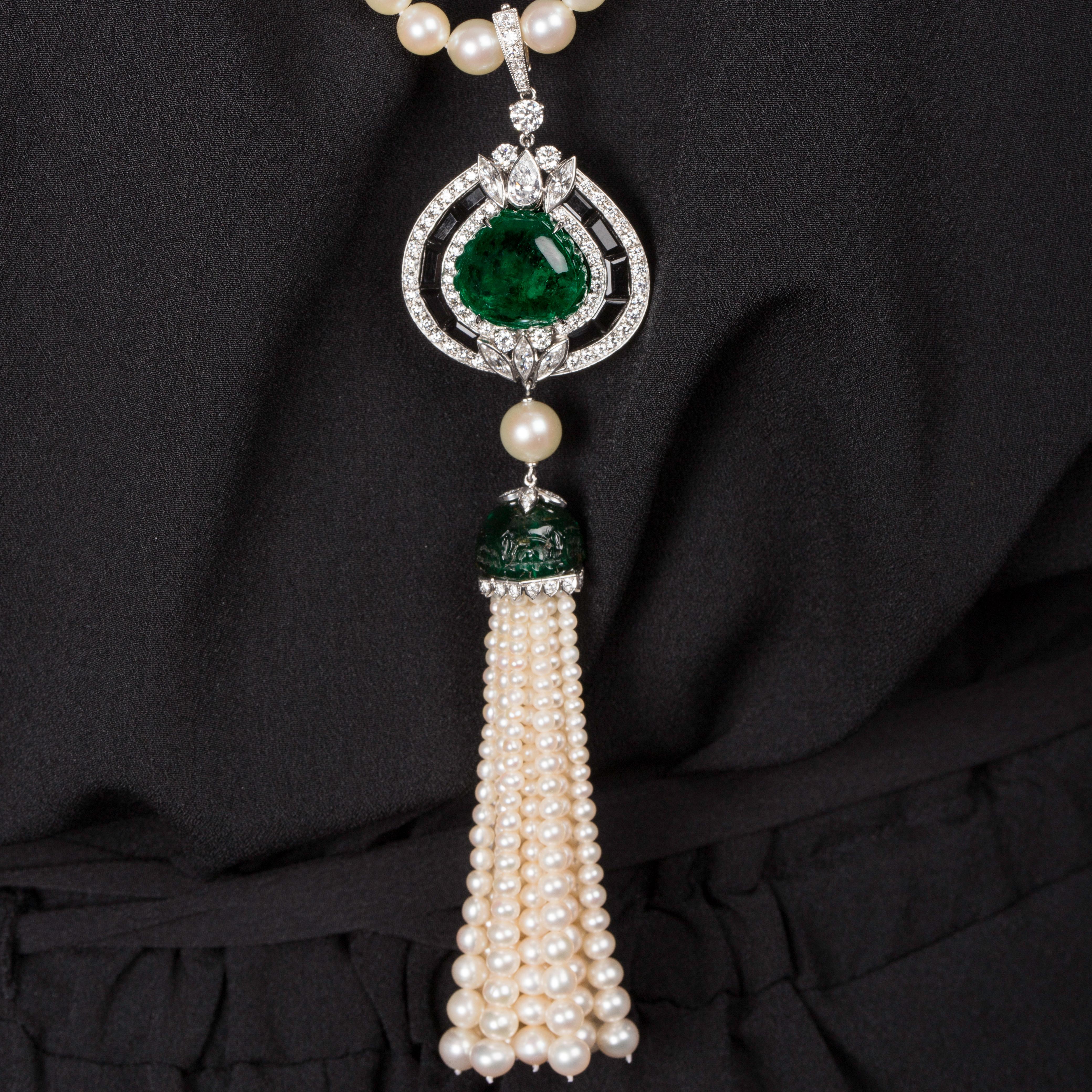 Cabochon Pearl and Emerald Tassel Necklace For Sale
