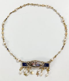 Antique 18 Kt Gold Pearl and Enamel Miniature Necklace, Italy 1890-1910