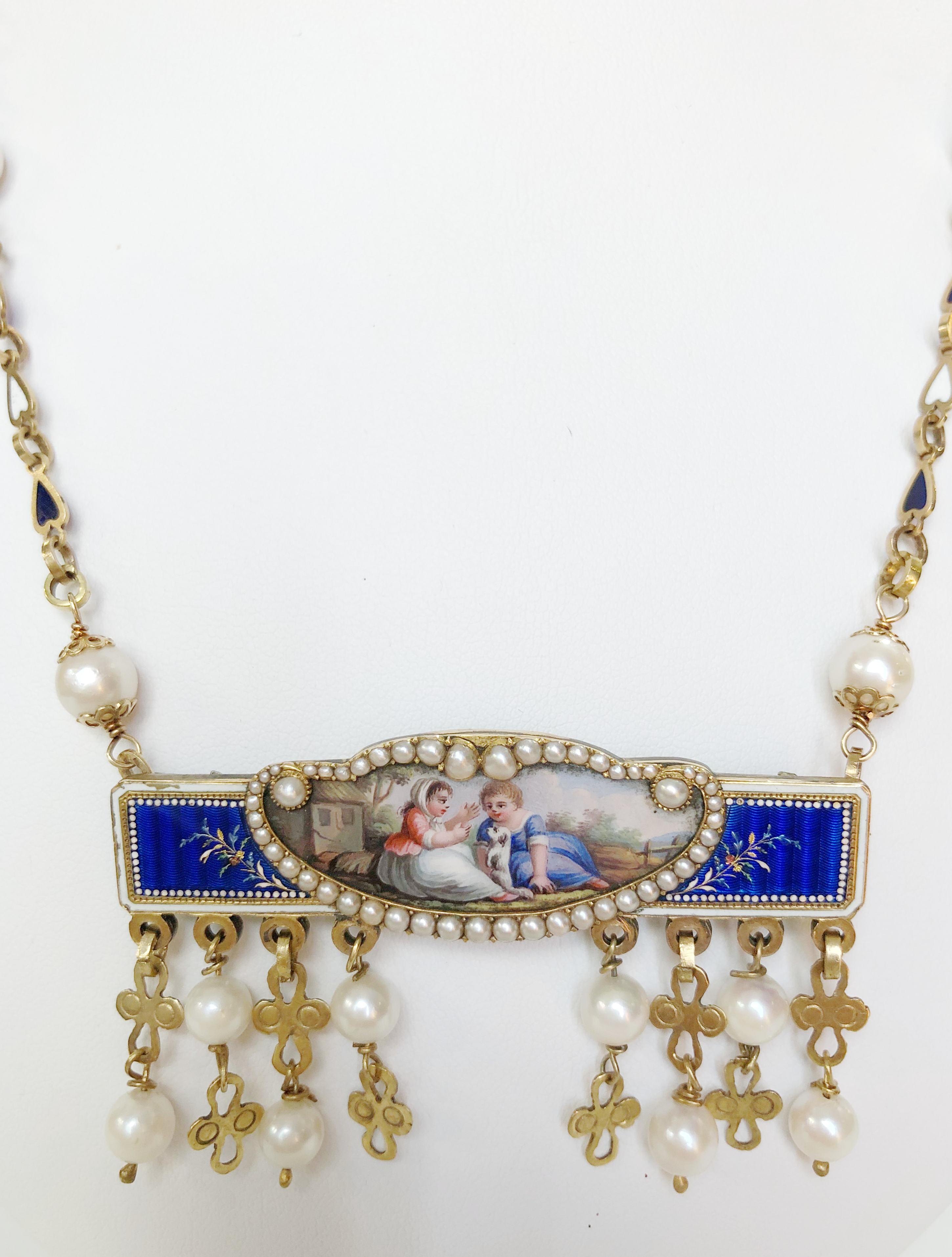 Round Cut Pearl and Enamel Miniature Necklace For Sale