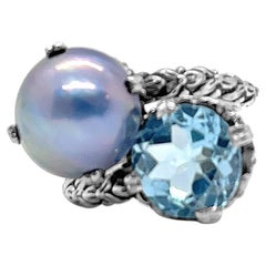 Pearl and Faceted Sky Blue Topaz Ring in Sterling Silver