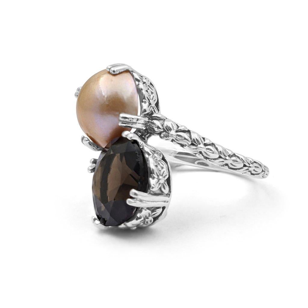 For Sale:  Pearl and Faceted Smoky Quartz Two-Stone Ring in Sterling Silver 2