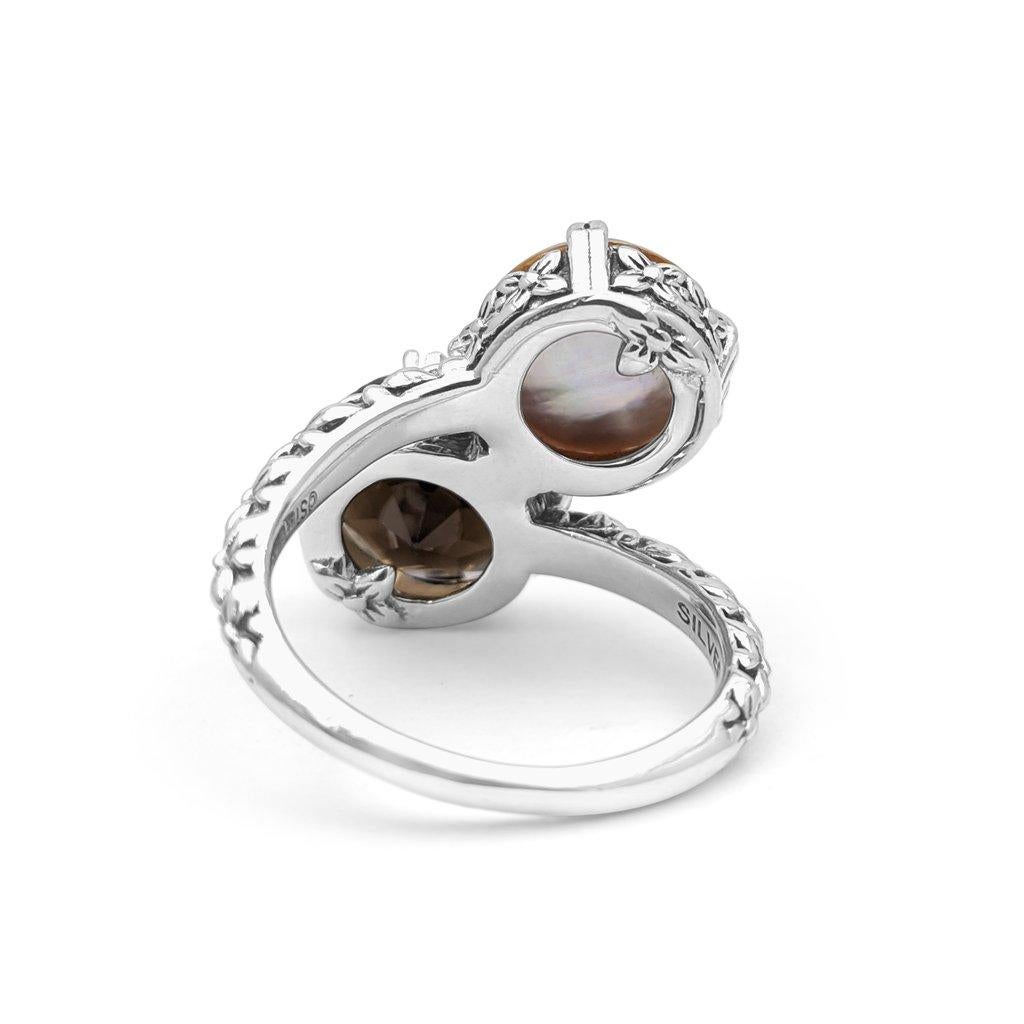 For Sale:  Pearl and Faceted Smoky Quartz Two-Stone Ring in Sterling Silver 3
