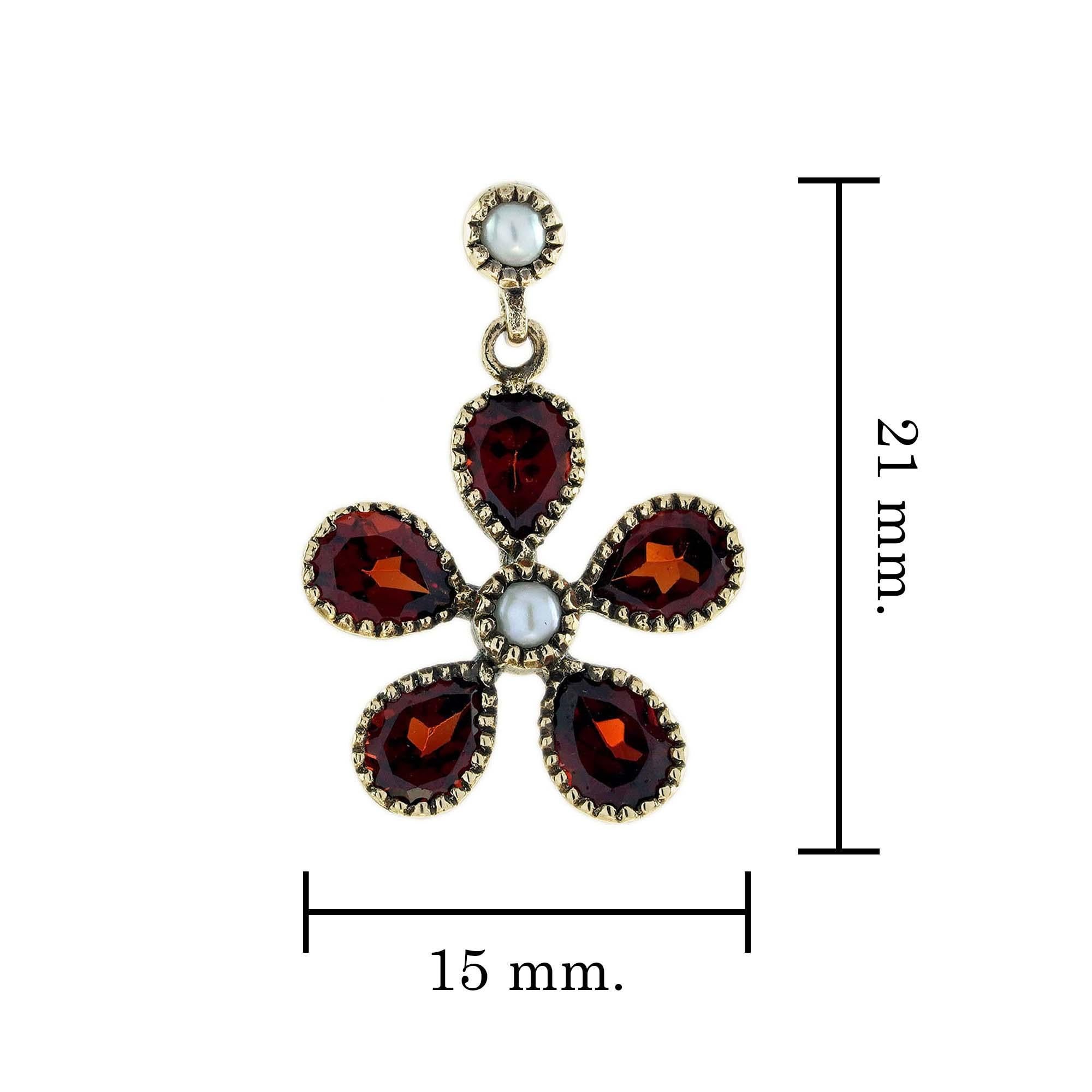 Perle und Granat Vintage Style Floral Ohrringe in massivem 9K Gold im Zustand „Neu“ im Angebot in Bangkok, TH