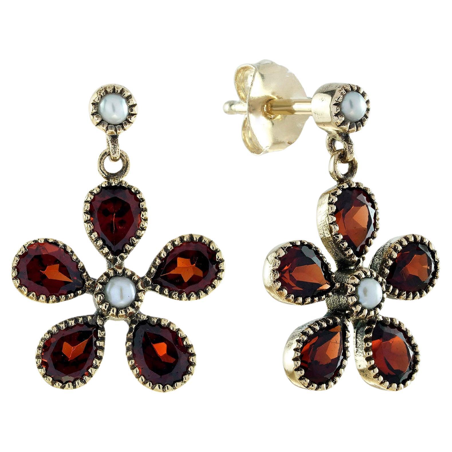 Pearl and Garnet Vintage Style Floral Earrings in Solid 9K Gold