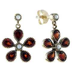 Pearl and Garnet Vintage Style Floral Earrings in Solid 9K Gold