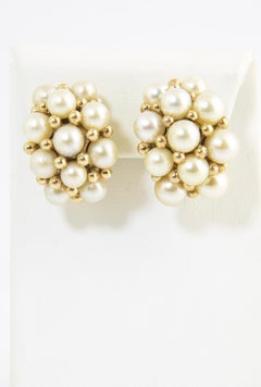 Chanel Style Cultured Pearl Chunky Yellow Gold  Hoop Cluster Earrings
