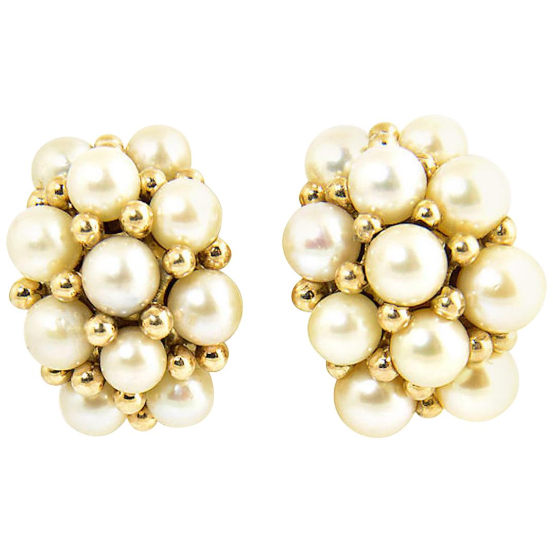 Chanel Style Cultured Pearl Chunky Yellow Gold  Hoop Cluster Earrings