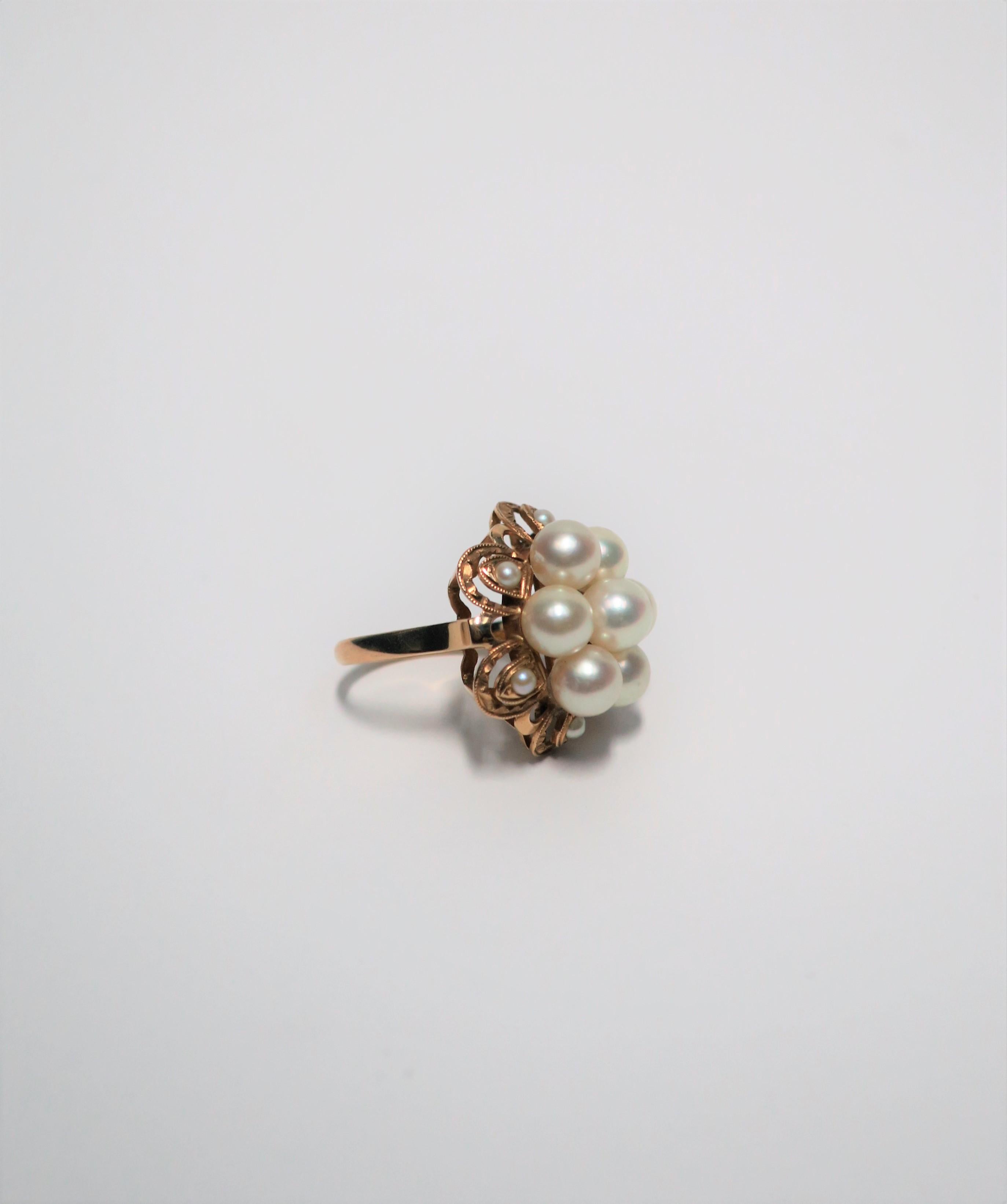Cocktailring mit Perlen- und Gold-Cluster im Angebot 8