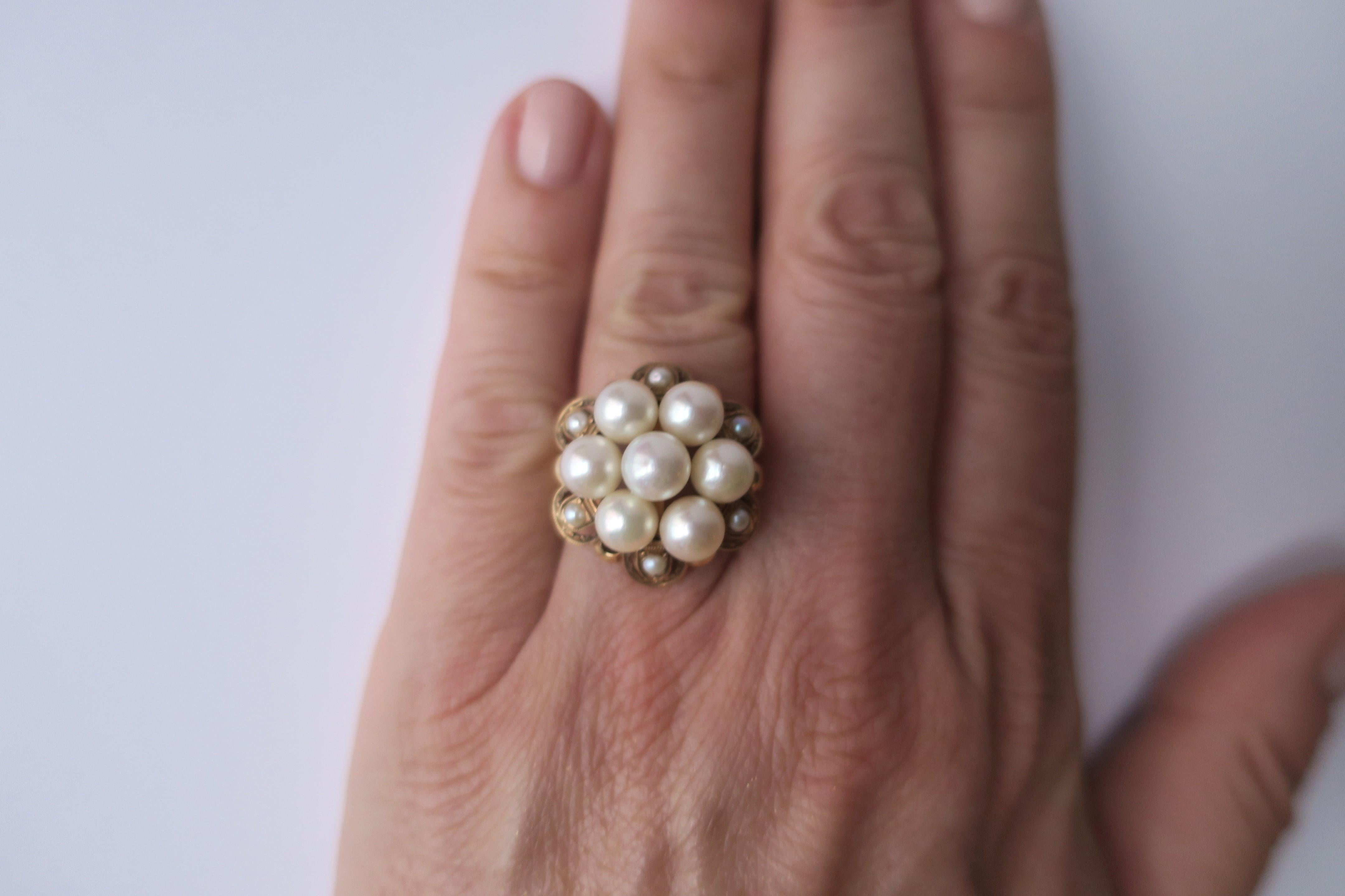 Cocktailring mit Perlen- und Gold-Cluster für Damen oder Herren im Angebot