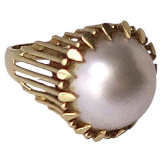 Vintage 14kt Yellow Gold Mabé Pearl Cocktail Ring, 1970s Modern