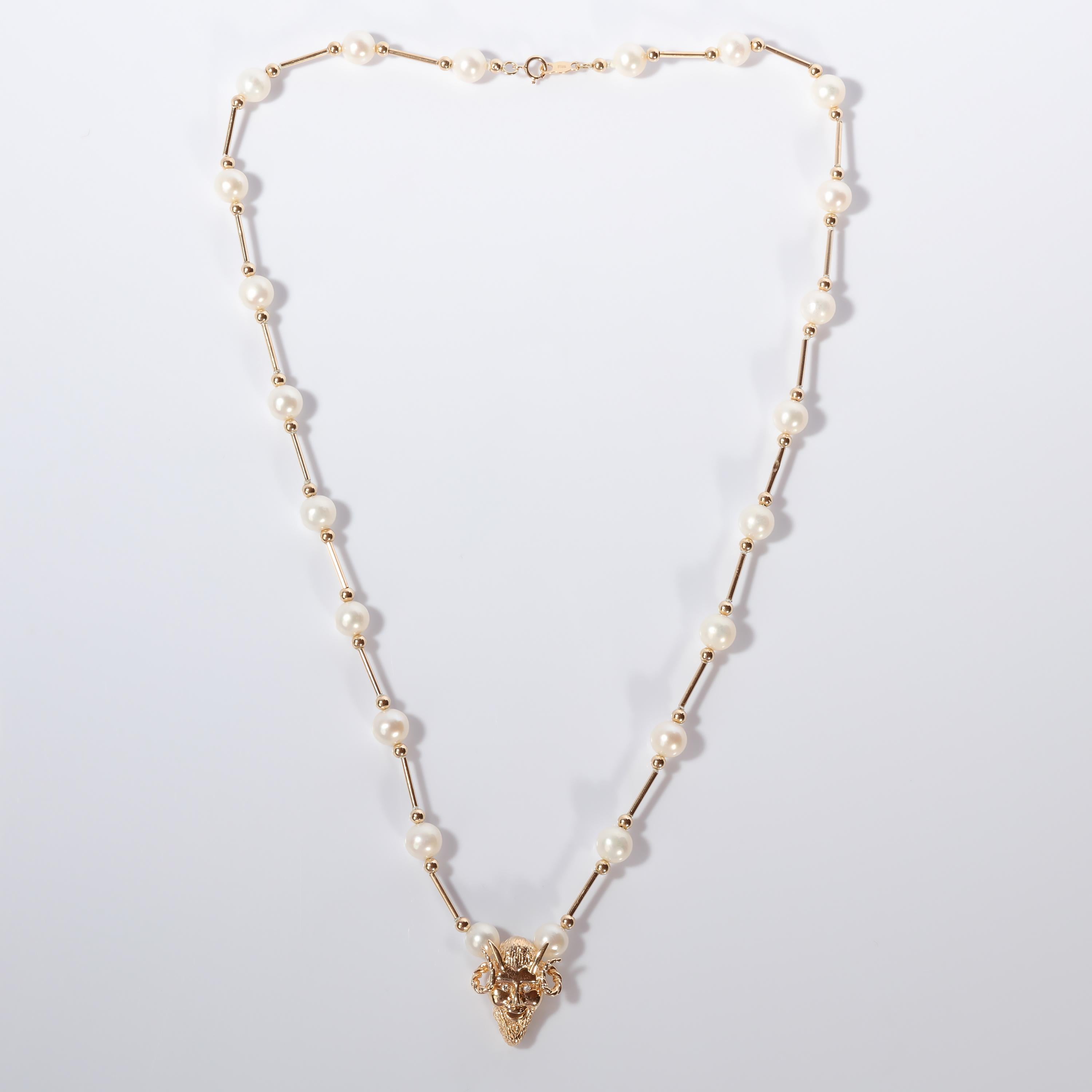 Artisan Pearl and Gold Necklace with Horned Devil Amulet