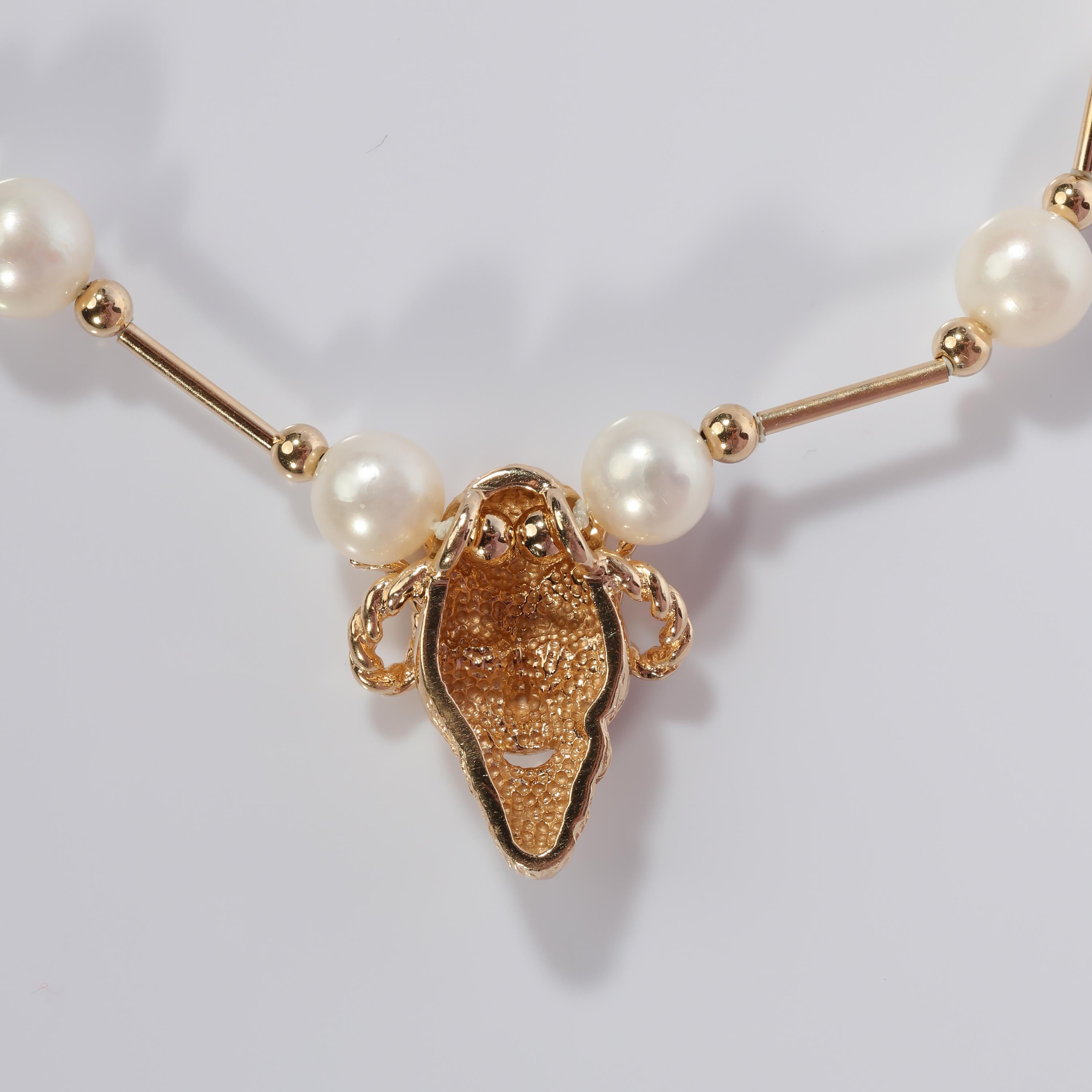 Pearl and Gold Necklace with Horned Devil Amulet In Excellent Condition In Southbury, CT