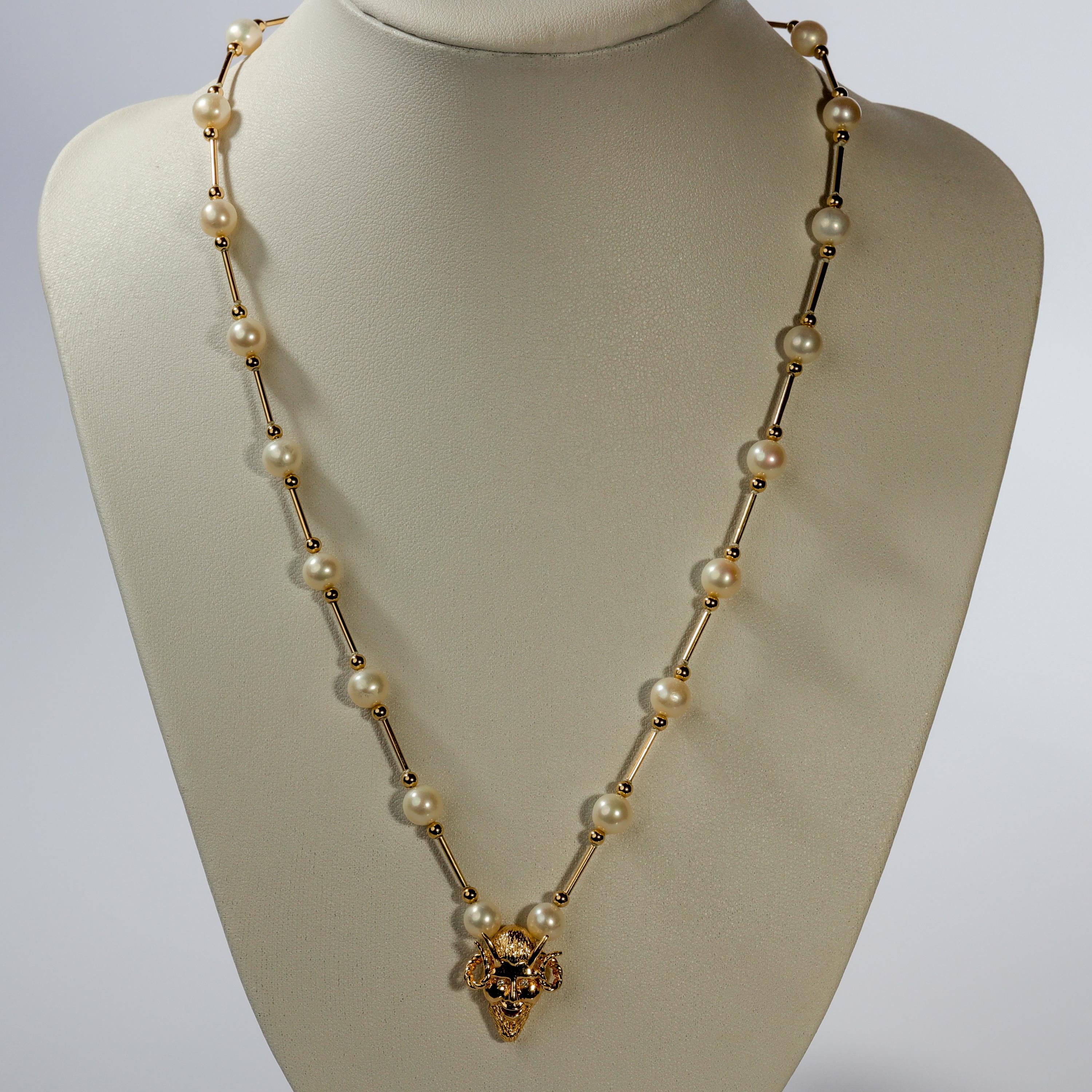 Pearl and Gold Necklace with Horned Devil Amulet 4