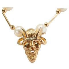 Retro Pearl and Gold Necklace with Horned Devil Amulet