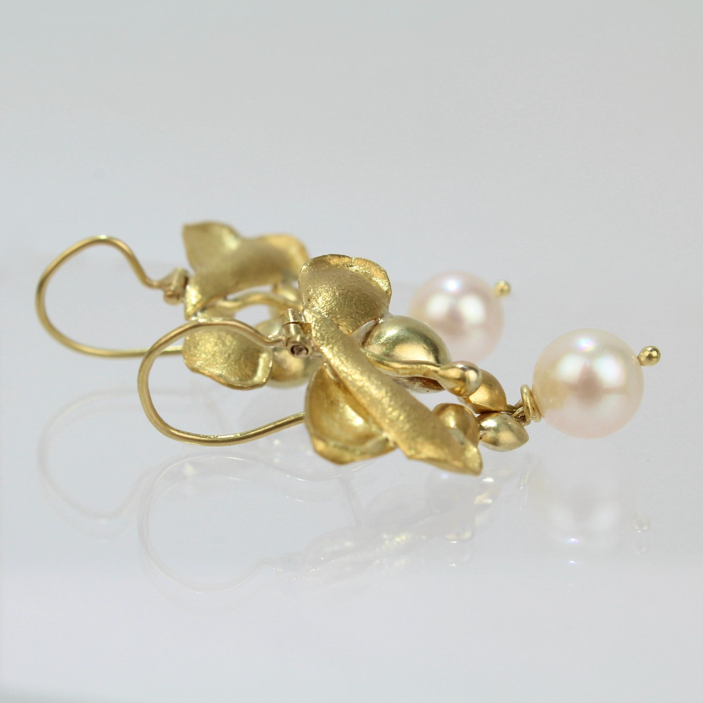 Art Nouveau Pearl and High Karat Yellow and Green Gold Modernist Earrings