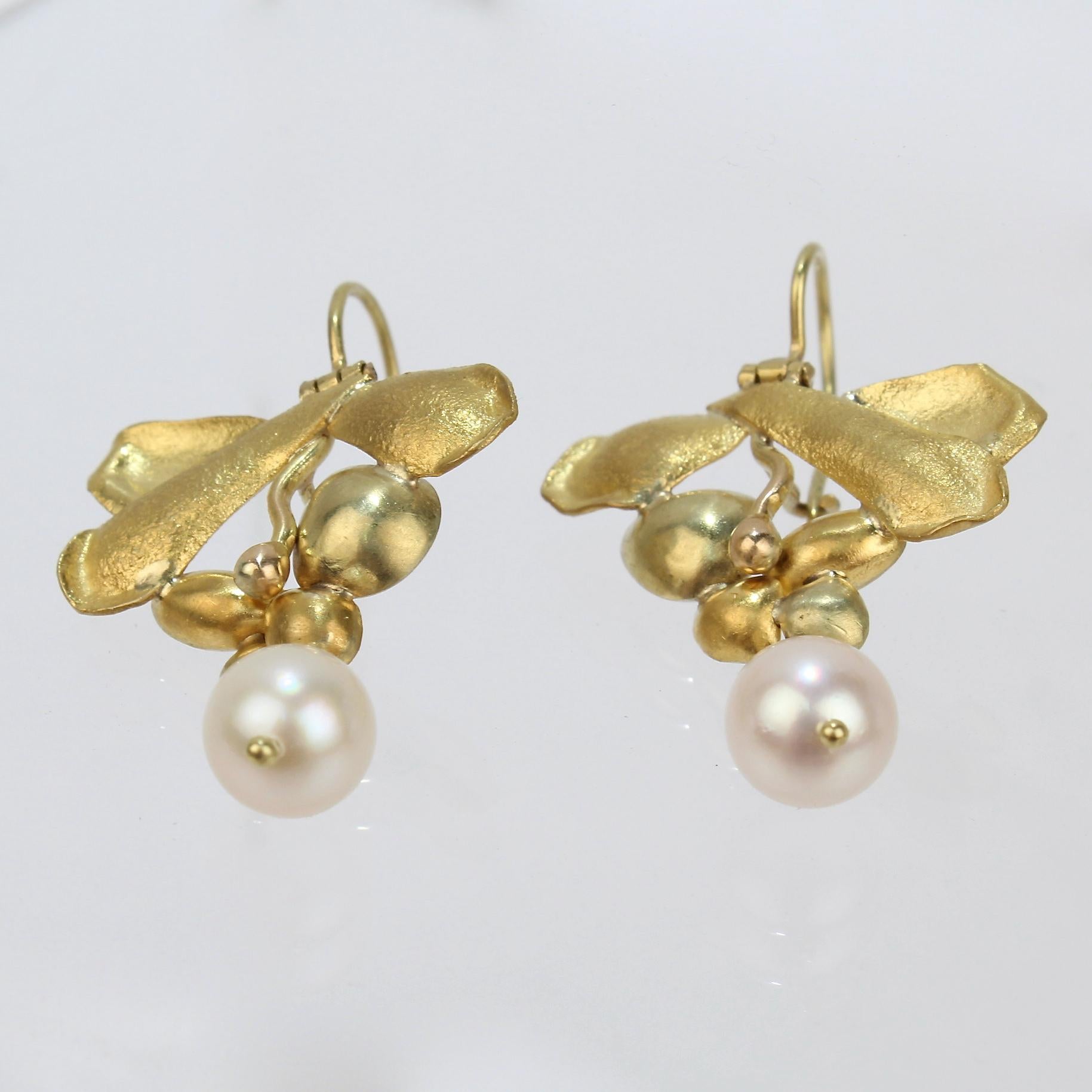 Uncut Pearl and High Karat Yellow and Green Gold Modernist Earrings