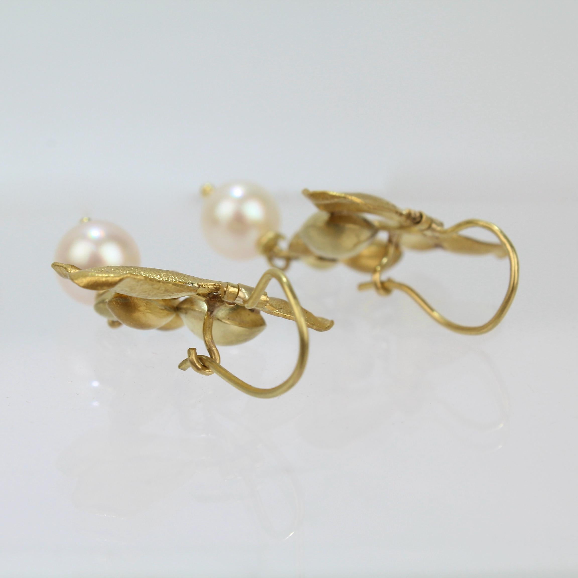 Pearl and High Karat Yellow and Green Gold Modernist Earrings In Good Condition In Philadelphia, PA