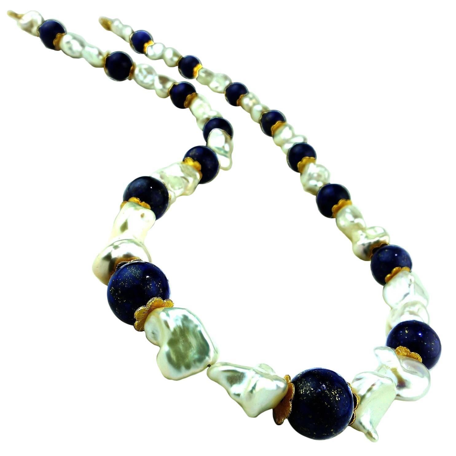 Bead AJD 26 Inch Keshi Pearl and Lapis Lazuli Necklace June Birthstone For Sale