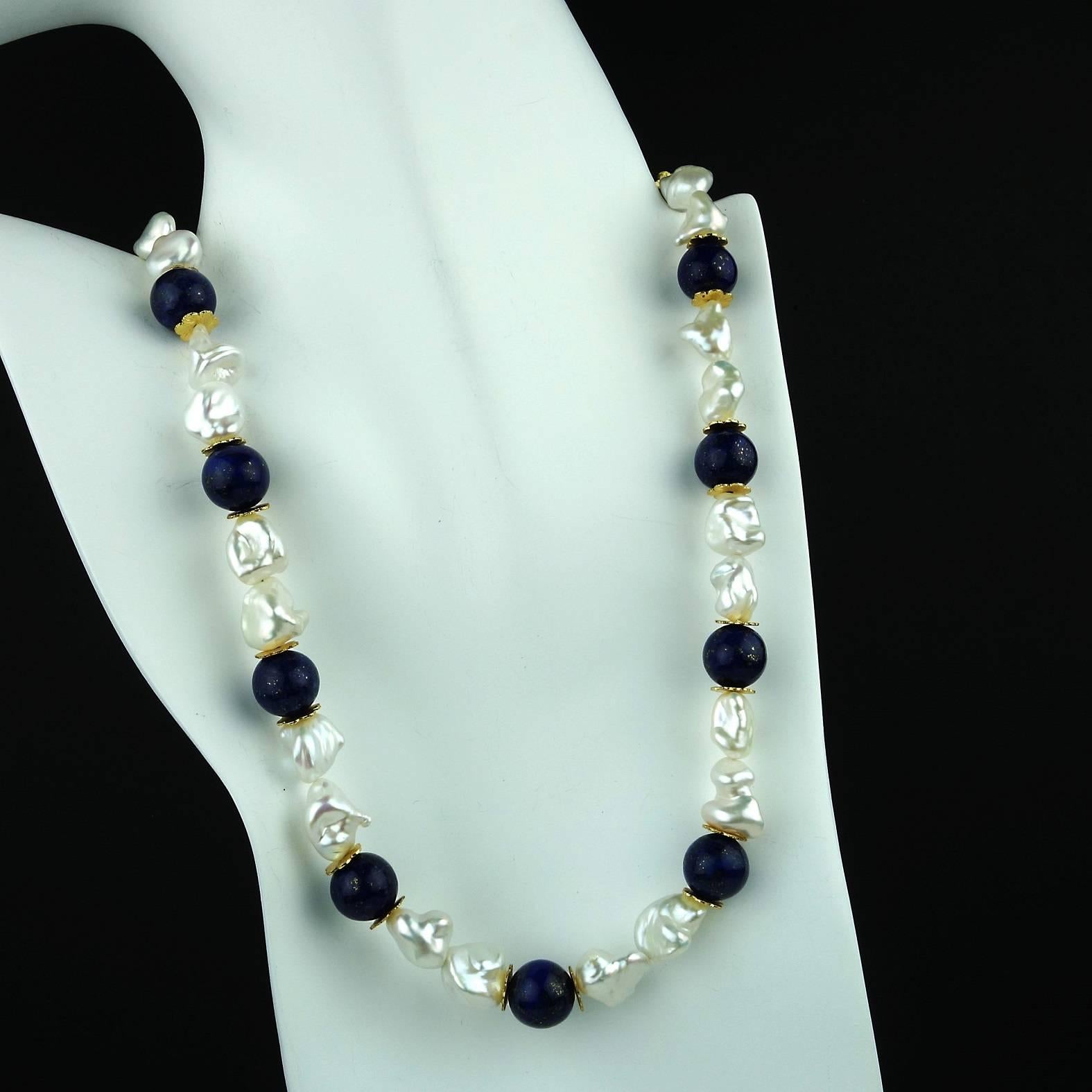 AJD 26 Inch Keshi Pearl and Lapis Lazuli Necklace June Birthstone In New Condition For Sale In Raleigh, NC