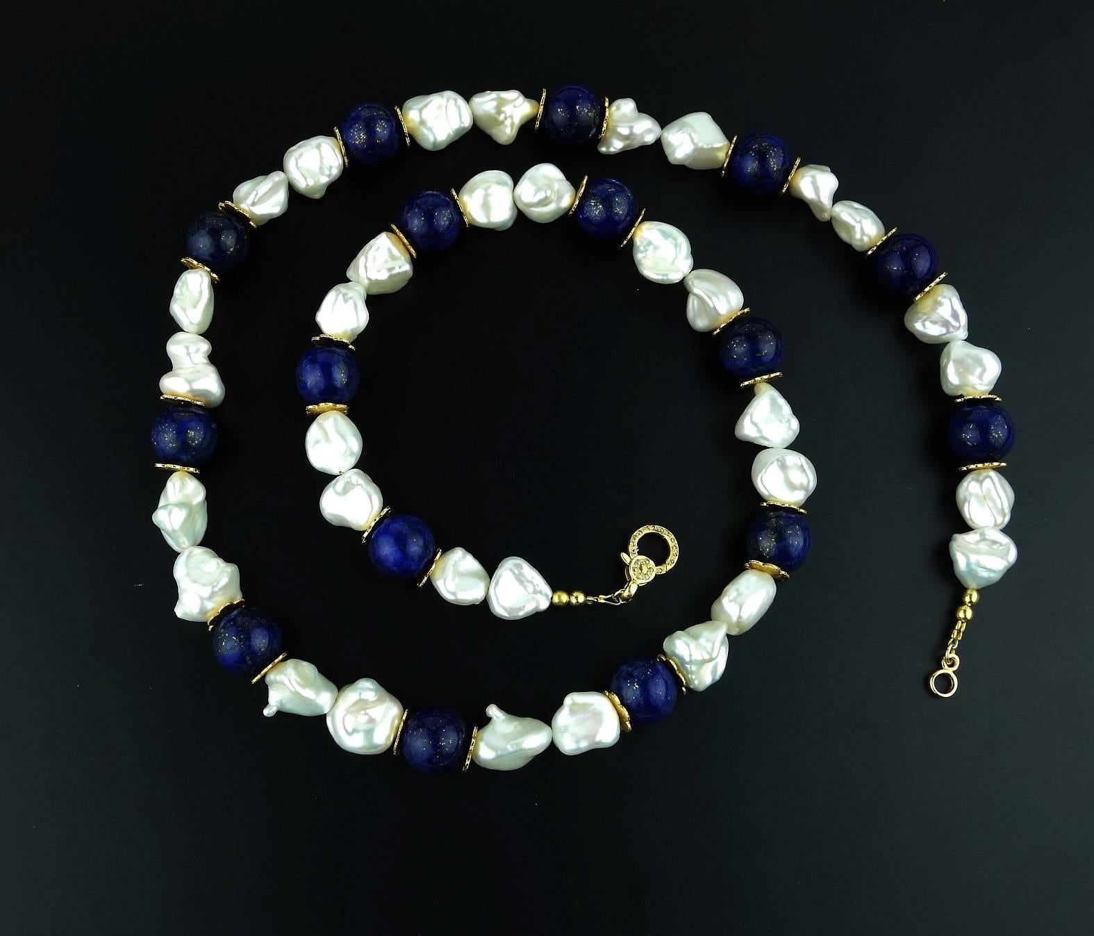 Artisan AJD 26 Inch Keshi Pearl and Lapis Lazuli Necklace June Birthstone For Sale