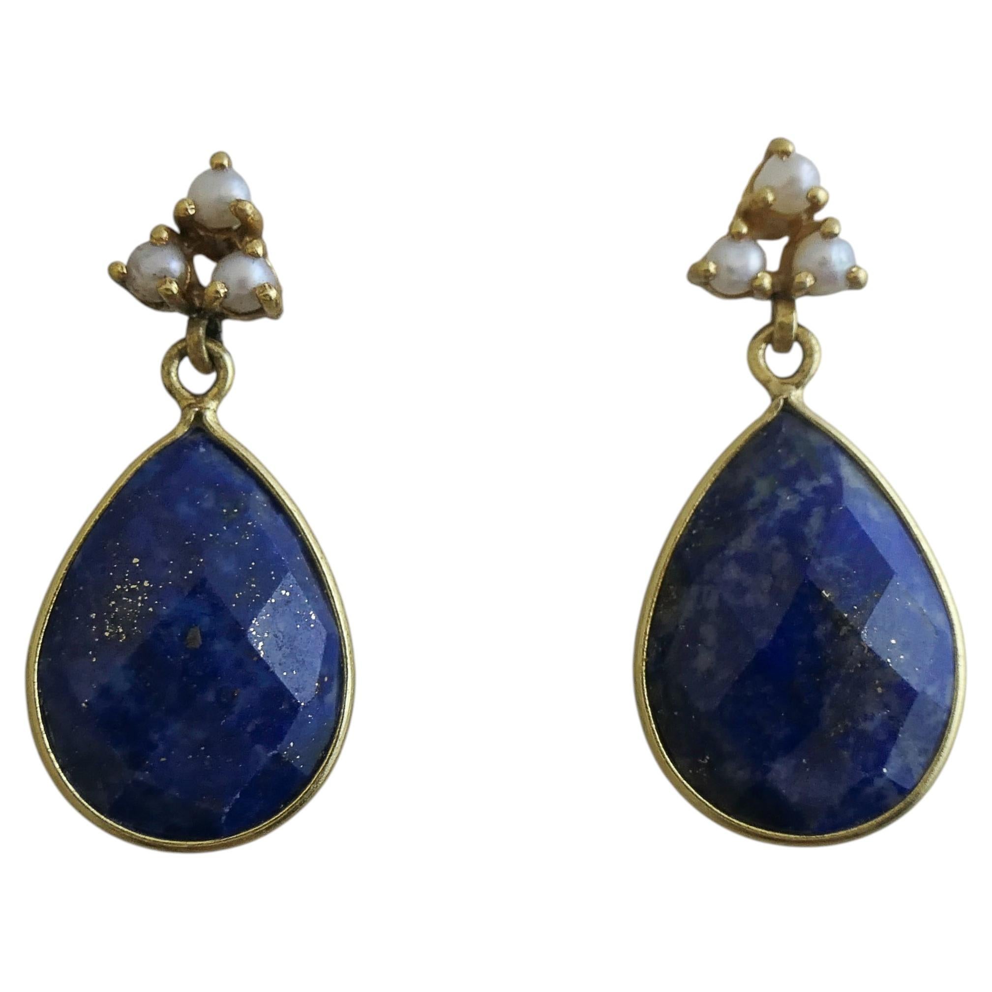 Pearl and Lapis Lazuli Plated Sterling Silver Drop Dangle Earrings