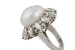 Pearl and Marquise and Brilliant Cut Diamond Sunburst Cocktail Ring in Platinum