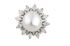 Pearl and Marquise and Brilliant Cut Diamond Sunburst Cocktail Ring in Platinum Pearl and Marquise and Brilliant Cut Diamond Sunburst Cocktail Ring in Platinum