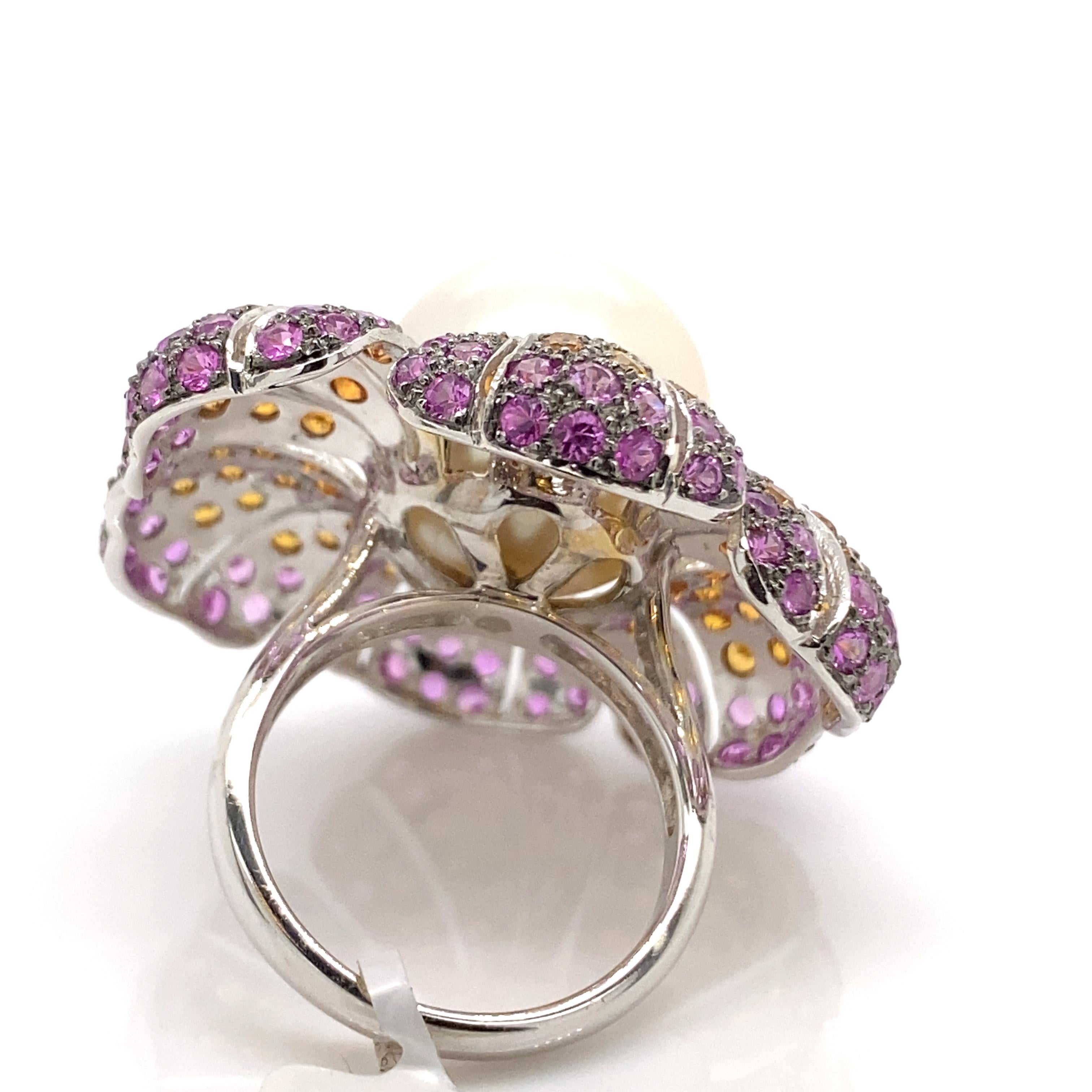 Modern Pearl and Multi-Color Sapphire Floral Ring 18 Karat White Gold For Sale