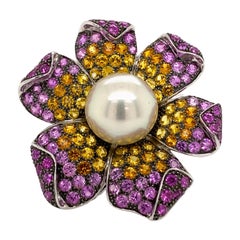 Pearl and Multi-Color Sapphire Floral Ring 18 Karat White Gold