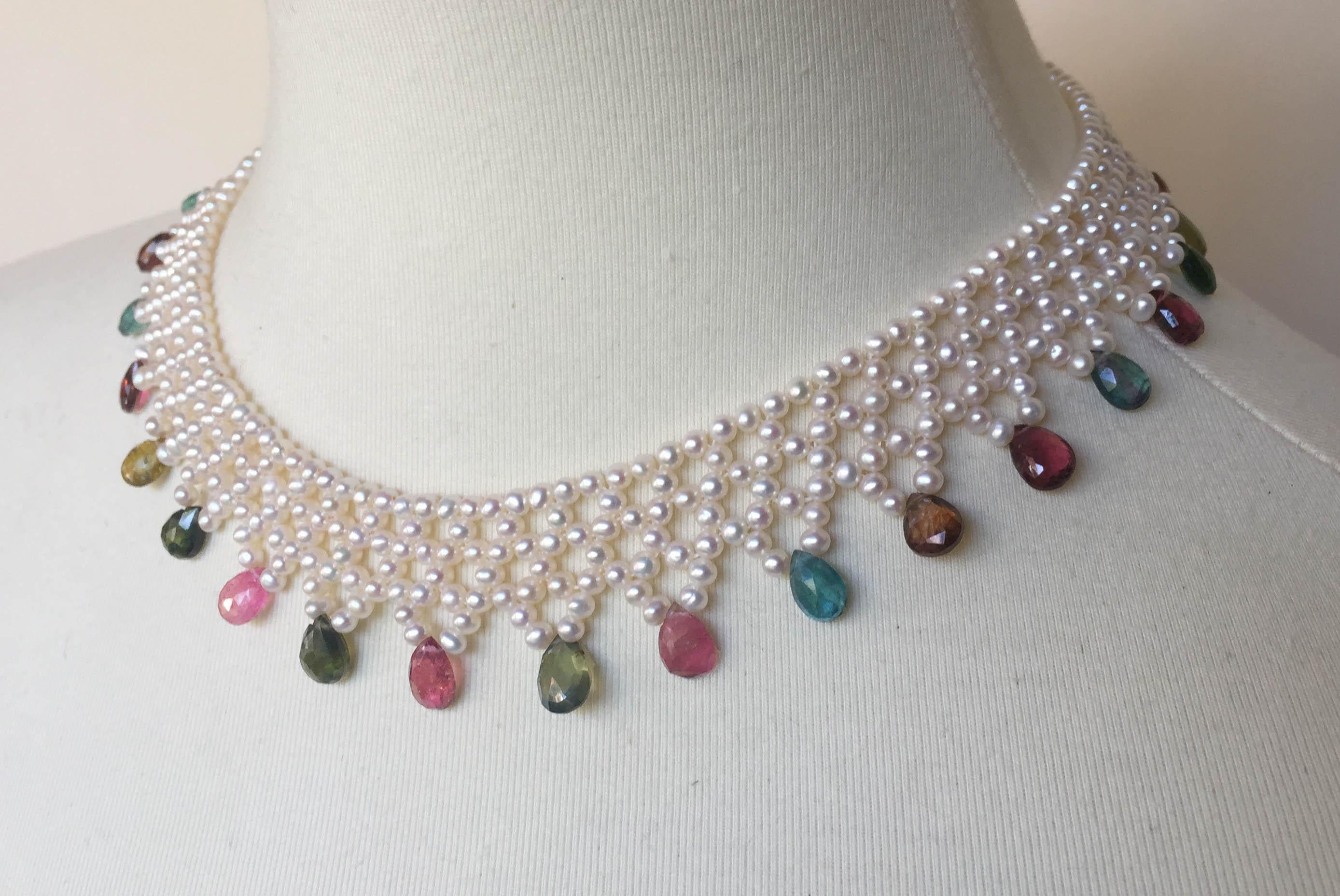 Artist Marina J Pearl and Multi-Color Tourmaline Woven Necklace with Vintage 14 K Gold 