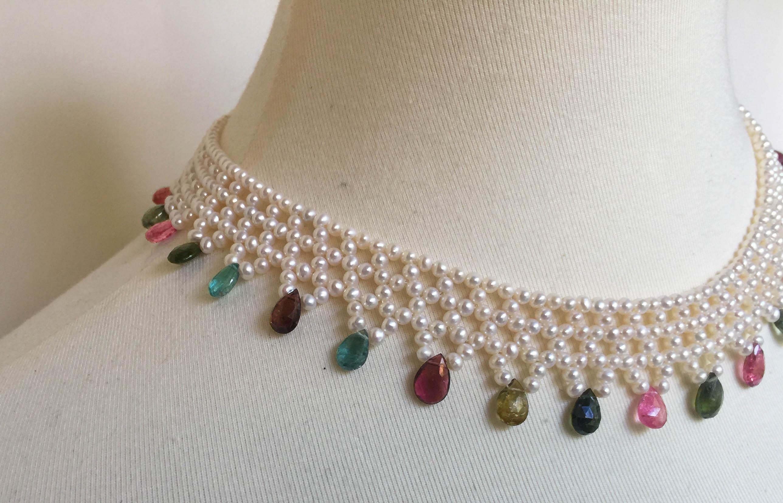 Bead Marina J Pearl and Multi-Color Tourmaline Woven Necklace with Vintage 14 K Gold 
