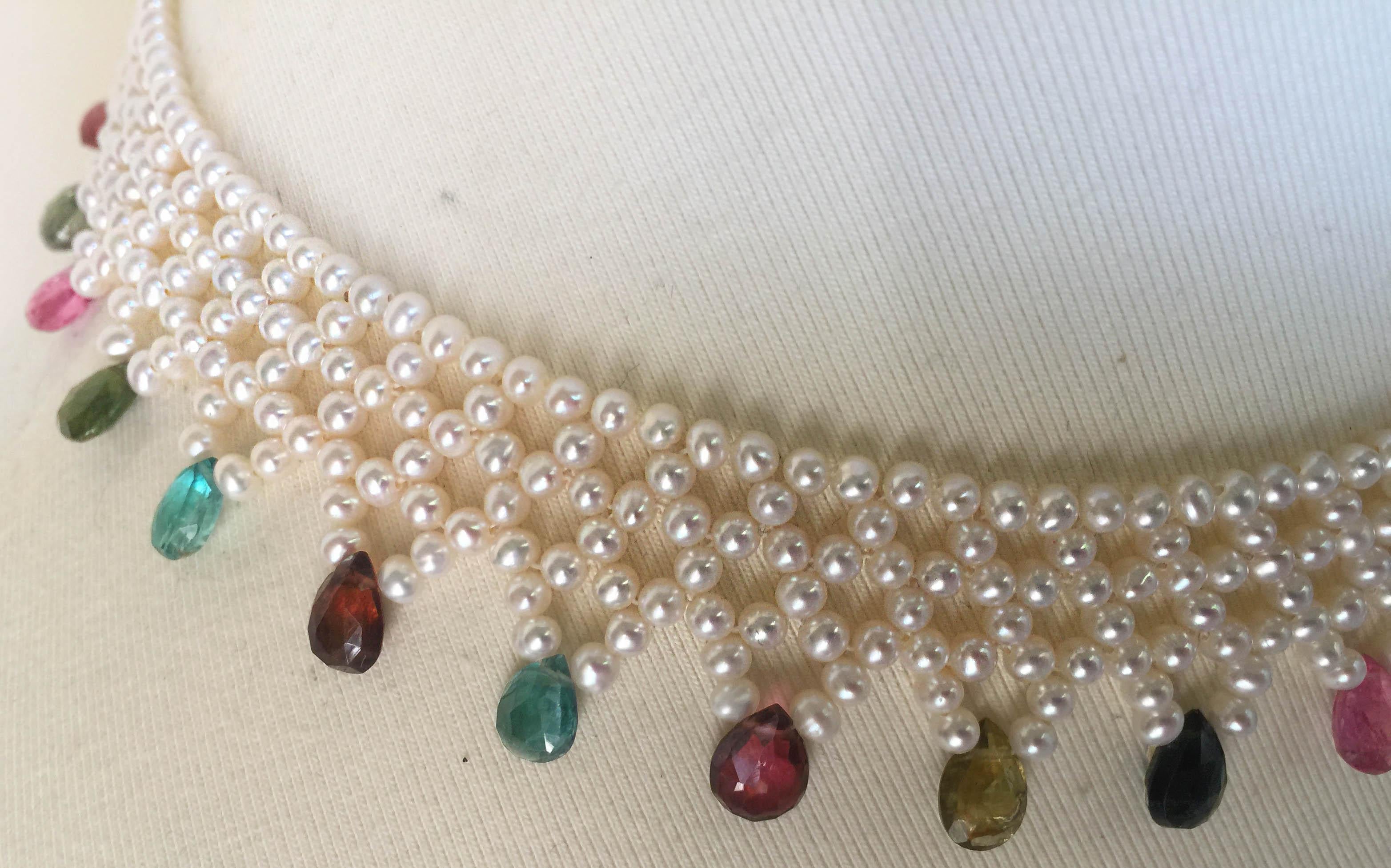 Marina J Pearl and Multi-Color Tourmaline Woven Necklace with Vintage 14 K Gold  In New Condition In Los Angeles, CA